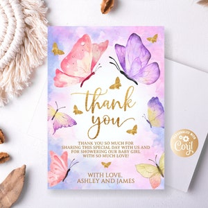 Bewerkbare vlinder paarse aquarel dank u kaart, vlinder gouden baby shower dank u kaart voor meisje, vlinder dank u kaart verjaardag