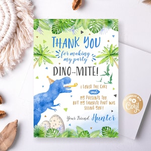 Cartão de agradecimento editável de dinossauro menino, azul, cartão de agradecimento de aniversário de Dino, festa de dinossauro Three-Rex cartão de agradecimento imprimível, festa de Dino