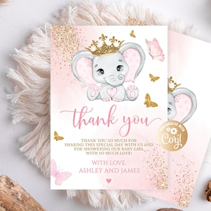 Carte de remerciement modifiable éléphant or couronne paillettes rose, carte de remerciement bébé éléphant fille baby shower carte de remerciement or aquarelle