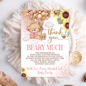 Cartão de agradecimento rosa girassol editável, balão de ar quente girassol urso chá de bebê cartão de agradecimento para menina cartão de agradecimento brilho dourado