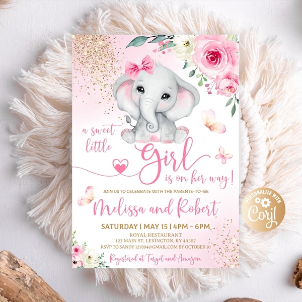 Editable Girl Elephant Baby Shower Invitation, Rose Hot Pink Baby Elephant Invite Gold Glitter a sweet little Girl Elephant Baby Shower