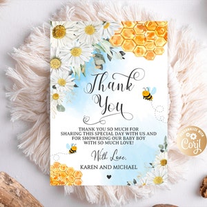Editable Bee Thank You Card, A Little Honey Baby Shower Thank You Card, Bee Chamomile Flowers Watercolor Thank You Card Baby Shower Blue