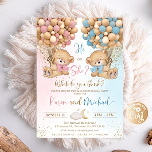 Puede incluir: Una invitación a una fiesta de revelación de género con fondo rosa y azul. La invitación presenta dos osos de peluche sosteniendo globos, uno rosa y otro azul. El texto de la invitación dice: "He or She? What do you think? Please join us for a gender reveal party honouring Karen and Michael. October 15, 4PM - 6PM. The Brown Residence, 1 Brannon Rd, Nicholasville, KY 23456. RSVP: Sandy 12789456@gmail.com. Registered at Target and Amazon. Personalizar con Coryl."