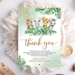 Editable Boy Safari Jungle Tarjeta de agradecimiento, Oh Boy Jungle Animals Baby Shower Tarjeta de agradecimiento para niño, Safari Gracias Tarjeta Acuarela