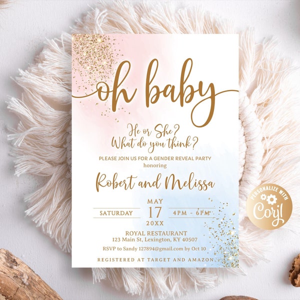 Gender Reveal Invitation Oh Baby, He or She? Gold and Glitter, Boy or Girl, Pastel Blue and Pink Smoke, Gender Reveal  Neutral Baby Shower