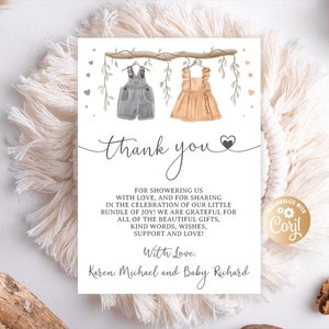 Carte de remerciement modifiable lui ou elle, carte de remerciement garçon ou fille sexe révélateur, vêtements de bébé carte de remerciement aquarelle verdure de shower de bébé