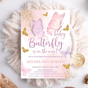 Butterfly Baby Shower Invitation, Butterfly Baby Shower Invitation for Girl, Editable Purple Gold Butterfly Baby Shower Invitation