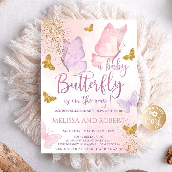 Butterfly Baby Shower Invitation, Butterfly Baby Shower Invitation for Girl, Editable Purple Gold Butterfly Baby Shower Invitation