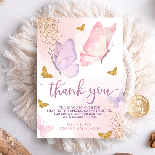 Editable Butterfly Thank You Card, Butterfly Baby Shower Thank You Card for Girl, Purple Gold Butterfly Thank You Card Baby Shower