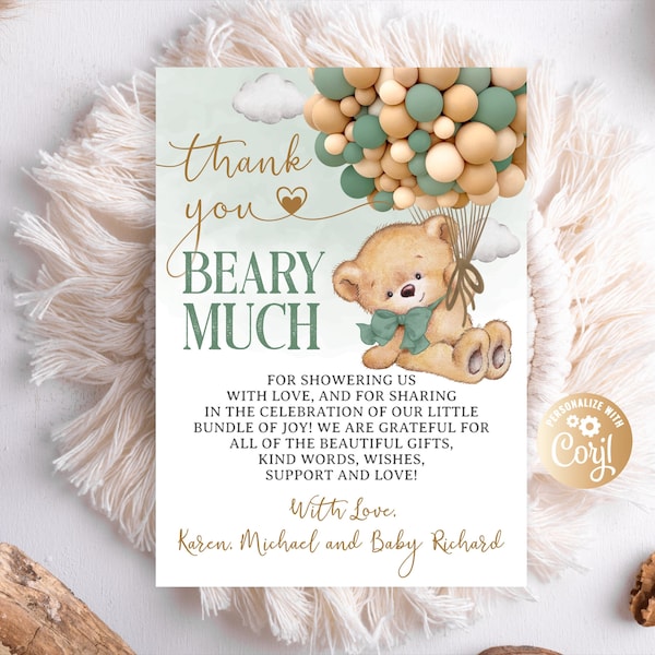 Tarjeta de agradecimiento de oso editable, tarjeta de agradecimiento de baby shower de oso de globo aerostático para niño, tarjeta de agradecimiento verde baby shower globos lindos
