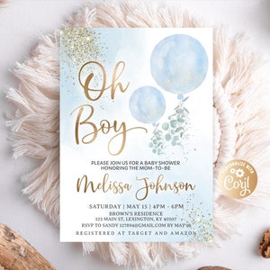 Editable Oh Boy Baby Shower Invitation, Boy Navy Blue Balloon Baby Shower Invitation, Blue Baby Shower Watercolor Blue Gold Glitter Template