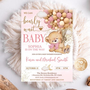 Invitaciones editables para baby shower con globos aerostáticos y osito rosa para niña. Invitaciones para baby shower de We Can Bearly Wait. Niña osito con globos y purpurina dorada