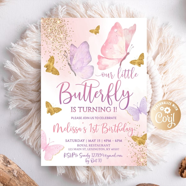 Schmetterlings-Geburtstags-Einladung, Mädchen-Schmetterlings-Party, lila Schmetterlings-Geburtstags-Einladung, erster Geburtstags-Einladung, Goldschmetterlings-Dekor