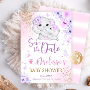 Bearbeitbare Elefant-Save-the-Date-Karte, Rosen-lila-rosa-Baby-Elefant-Save-the-Date für Mädchen, Goldglitter-Aquarell-Mutterelefant