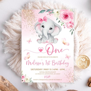 Convite editável do aniversário do elefante da menina, elefante rosa quente do bebê do rosa convida o brilho do ouro uma festa doce do primeiro aniversário do elefante da menina