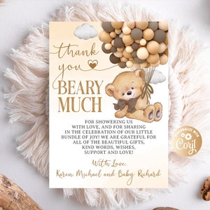 Bewerkbare beer dank u kaart bruin en crème, hete lucht ballon beer baby shower dank u kaart voor jongen, dank u baby shower schattige ballonnen