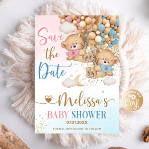 Editable Bears Twins Girl Boy Baby Shower Save the Date Invitation We Can Bearly Wait Pink Blue Twins Bears, Twin Babies Hot Air Balloon