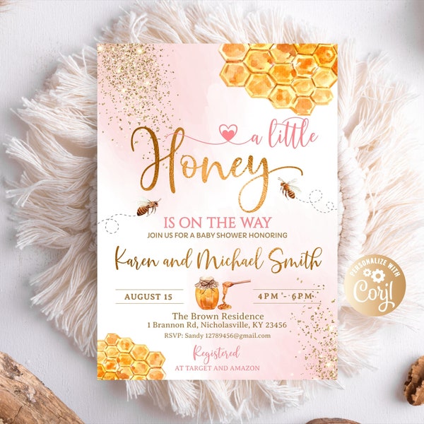 Editable A Little Honey is on the Way Girl Pink Gold Bee Baby Shower Invitation, Bee Baby Shower, Girl Pink Watercolor Baby Shower Bee Honey