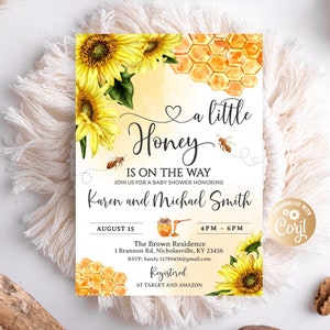 Editable A Little Honey is on the Way Bee Baby Shower Invitation, Bee Baby Shower, Gender Neutral, Sunflower Watercolor Baby Boy Bee Honey