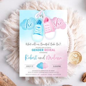 Gender Reveal Einladung, geschlechtsneutrale Babyparty, Junge oder Mädchen, Gender Reveal Party einladen, blau oder rosa, Digital Boy oder Girl Gender Reveal