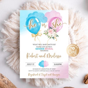 Gender Reveal Invitation,Watercolor Balloons Gender Reveal Invitation, He Or She, Boy Or Girl, Gender Reveal Party Invite, Virtual SMS Text