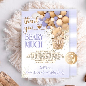 Cartão de agradecimento roxo editável do urso, cartão de agradecimento do chá de fraldas do urso do balão de ar quente Cartão de agradecimento dourado roxo Balões do brilho do chá de fraldas