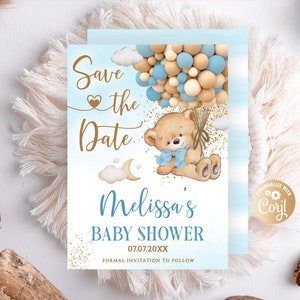Orsetto modificabile Baby Shower Salva la data Invito We Can Bearly Wait Blu, Baby Bear Salva la data Ragazzo Orsetto blu Palloncini Glitter dorati