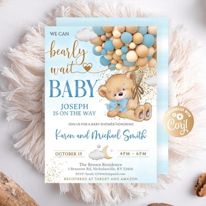Inviti modificabili per baby shower con mongolfiera e orsetto, inviti modificabili per baby shower con la scritta "We Can Bearly Wait", orsetto con palloncini blu e oro