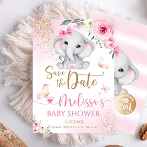 Bearbeitbare Elefant-Save the Date-Karte, Pink-Rosen-Baby-Elefant-Save the Date für Mädchen, Gold-Glitter-Greenery-Aquarellelefant
