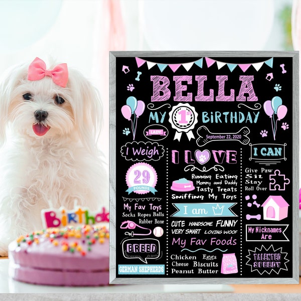 Dog Birthday Chalkboard Sign, Female Dog, 1st party chalk board poster banner, Puppy Dog, Pet 1st Birthday Chalkboard, pastel colors