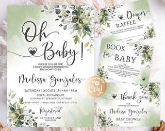 Editable Greenery Set Baby Shower, Green Set Oh Baby Baby Shower Invitation, Set Eucalyptus Greenery Baby Shower, Gender Neutral Baby Shower