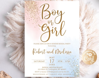 Gender Reveal Baby Shower Invitation, Gold and Glitter, Boy or Girl, Pastel Blue and Pink Smoke,Gender Reveal  Neutral Baby Shower He or She