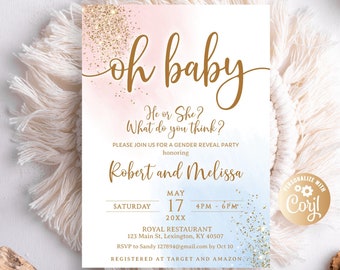 Gender Reveal Invitation Oh Baby, He or She? Gold and Glitter, Boy or Girl, Pastel Blue and Pink Smoke, Gender Reveal  Neutral Baby Shower