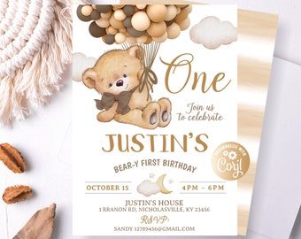 Ours anniversaire Invitation marron, Beary première fête d'anniversaire invite, garçon ours anniversaire Invitation, Invitation ours ballons 1er anniversaire