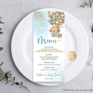 Bewerkbare dinermenukaart beer, We Can Bearly Wait Boy blauwe beer heteluchtballon receptie dinermenu, gouden dinermenu babyshower 4 x 9"