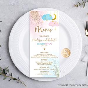 Bewerkbare Twinkle Twinkle Little Star Gender Reveal dinermenukaart, hij of zij receptie dinermenu, gouden glitter jongen of meisje blauw of roze
