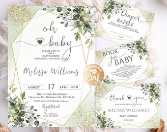 Editable Greenery Baby Shower Invitation Set, Eucalyptus Oh Gold Gender Neutral Stationery, Printable Wildflower Coed Welcome Sign