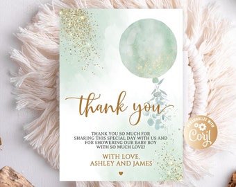 Editable Oh Boy Sage Green Balloon Thank You Card, Baby Shower Watercolor Balloon Sage Green Gold Glitter Thank You Card for Boy Balloon