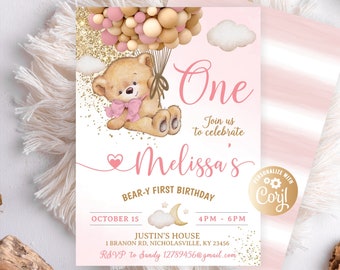 Bear Birthday Invitation Girl Bear, Bear-y First Birthday Pink, Bear 1st Birthday Invite Girl, Editable Green Balloon, Girl Bear Balloons