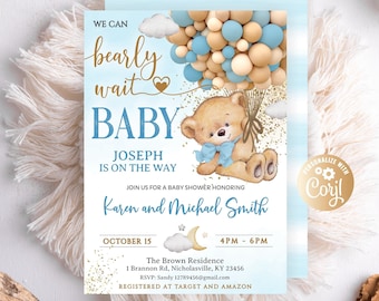 Editable Boy Bear Hot Air Balloon Baby Shower Invitations, Editable We Can Bearly Wait Baby Shower Invites, Boy Bear With Balloons Blue Gold