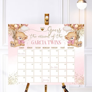 Editable Bear Twin Girls Due Date Calendar Bears, Girl Bear Pink Guess the Due Date Calendar, Twin Babies Birth Date Sign, Pink Twin Babies