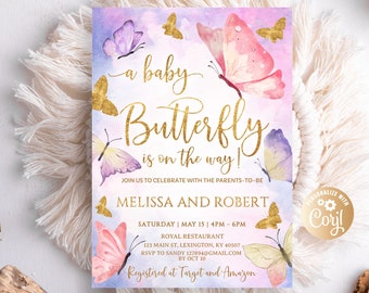 Butterfly Baby Shower Invitation, For Girl, Little Butterfly, Watercolor, Editable Purple Gold Butterfly Baby Shower Invitation, Kisses