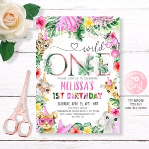 EDITABLE Safari Birthday Invitation Girl, Wild One Birthday Invitation Girl, 1st Birthday Invitation Girl, Wild One Birthday Invite Jungle