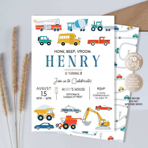 Transportation Birthday Invitation, Truck Birthday Invitation, Cars Birthday Invite, Truck and Cars Birthday, Editable printable truck car