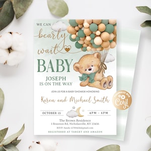 Invito modificabile per baby shower a forma di orso, We Can Bearly Wait Boy, palloncini a forma di orso verde, invito per baby shower a forma di orso con palloncini di salvia