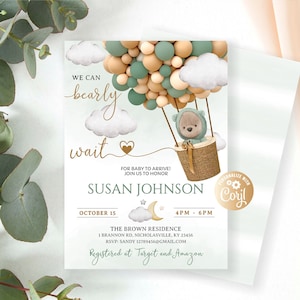 Invito per baby shower modificabile con orso, We Can Bearly Wait Boy, palloncini orso verde, orso con palloncini salvia Invito per baby shower ragazzo