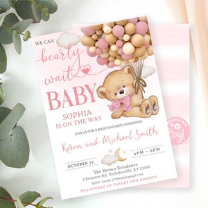 Bear Baby Shower Invitation Girl, Pink Baby Bear Invite, Girl Bear Balloons Baby Shower Invitation, Pink Editable We Can Bearly Wait