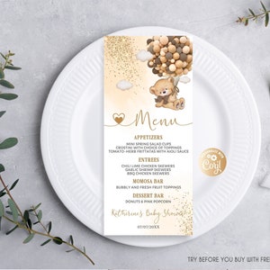 Carte de menu modifiable pour le dîner avec ours, menu du dîner de réception en montgolfière Bearly Wait Boy brun et crème, menu du dîner non sexiste 4 x 9 po