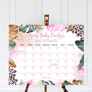 Editable Leopard Due Date Calendar, Guess the Due Date Calendar, Leopard Safari Jungle Pregnancy Announcement Calendar, Pink Girl Calendar