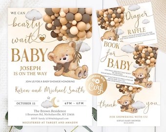 Bear Brown Baby Shower Invitation Set, Bear Baby Shower Invitation Neutral Colors, Editable We Can Bearly Wait, Hot Air Balloon Bear